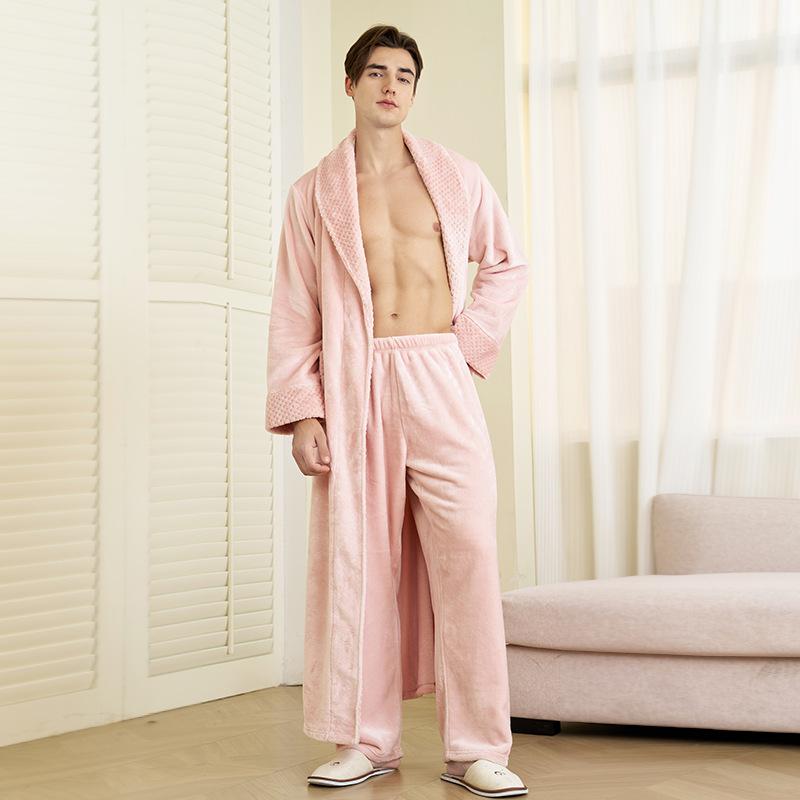 Men's Plush Fleece Robe Set Bathrobe Spa Robes With Pockets Soft Winter Shawl Collar Long Sleeve Robe Warm Pants Set for Men Fluffy Homewear Sleepwear