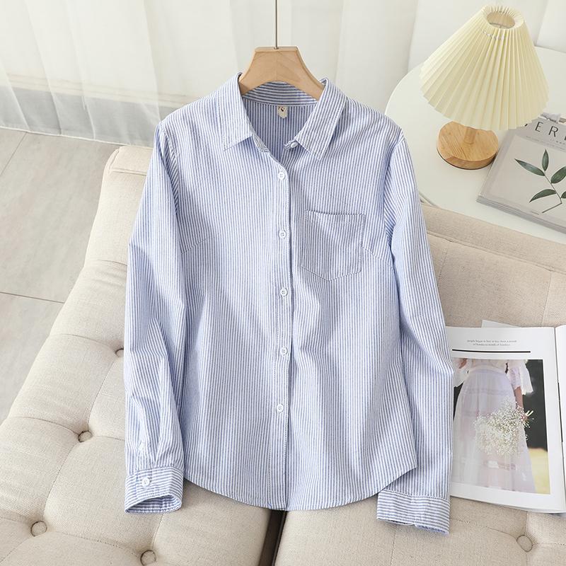 Casual Cotton Women's Oxford Shirt Autumn Good Quality Woman Blouse and Tops Lady White Blue Striped Shirts Clothes