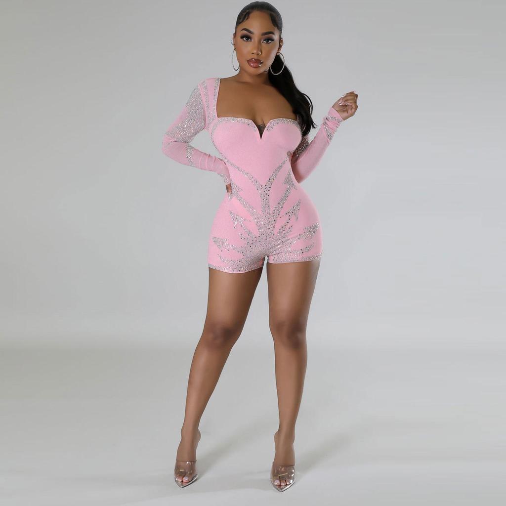 K2900 Rhinestone Elastic Long Sleeve Jumpsuit