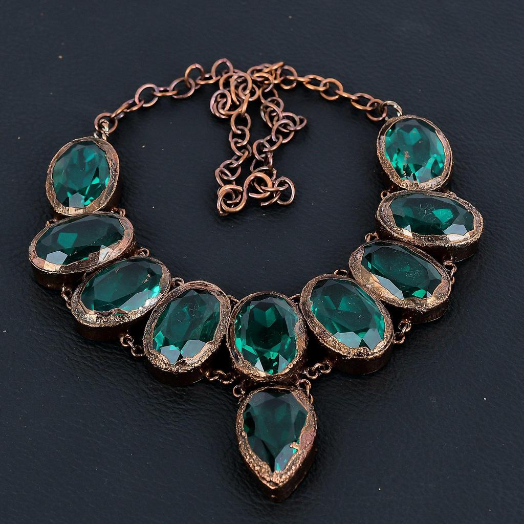 Indicolite Handmade Gemstone Necklace, Copper Electroformed Antique Jewelry Adjustable Chain Necklace, For Engagement Gift