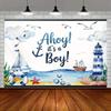 2D Coastal Ocean Ahoy It's a Boy Backdrop for Nautical Themed Baby Shower Decor