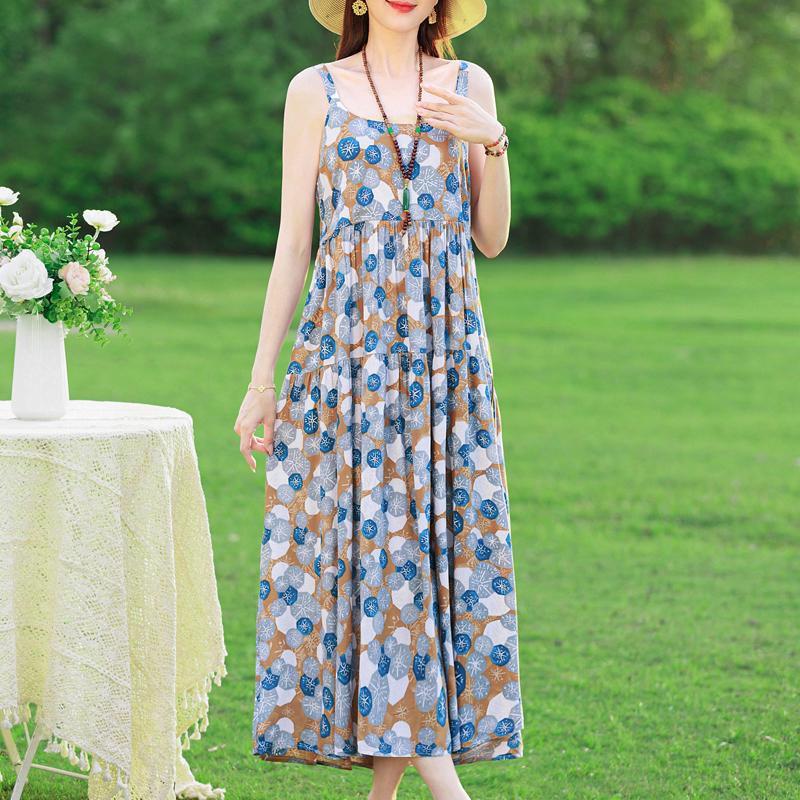 Elegant Sling Dress for Women Plus Size Casual Summer Long Dress Vintage Middle-aged Women's Clothing