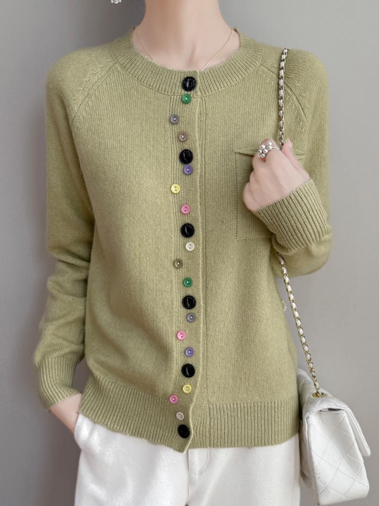 Colorful Button Cardigan: Spring Fashion, Versatile Round Neck, Long Sleeve Knit for Women