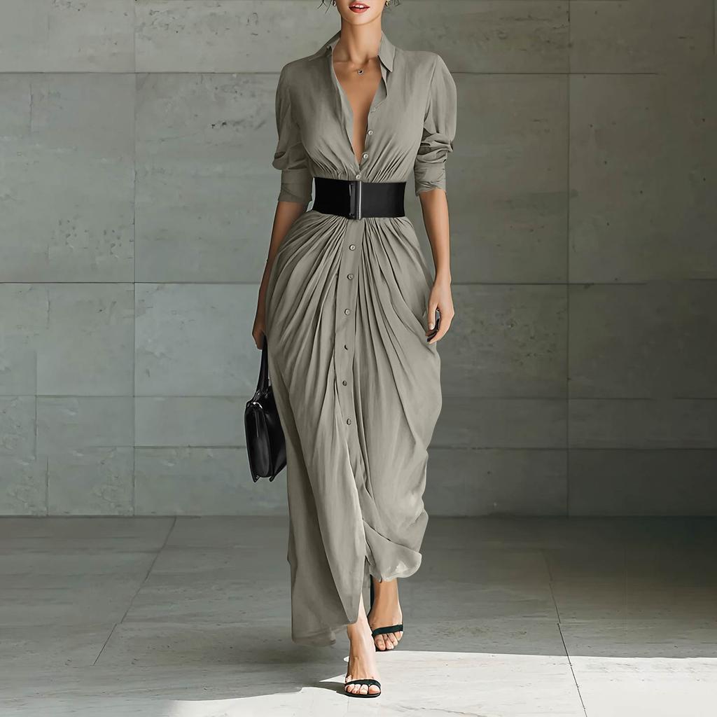 Damen Farbe Modisch Kragen Knopfleiste Hemdkleid Mit Gürtel