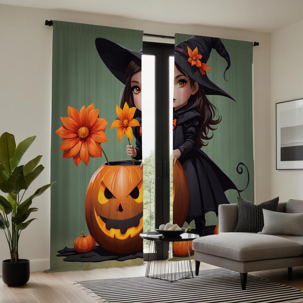 2pcs Set HD Halloween with Jack-o '-lantern Flower Witch Curtain Green Tie Digital Printed Curtain Home Decoration Style Deco