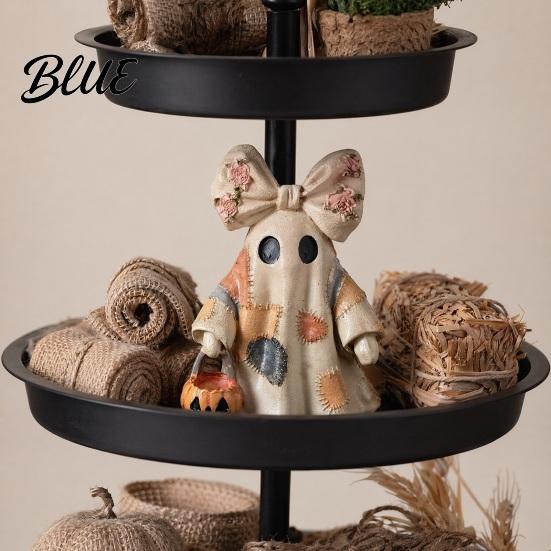 Glowing Ghost Decor Halloween Lighted Patchwork Figurine Light-Up Bow with Pumpkin Vintage Figurine Lantern Ghosts Lamp Decoration for Holiday Party
