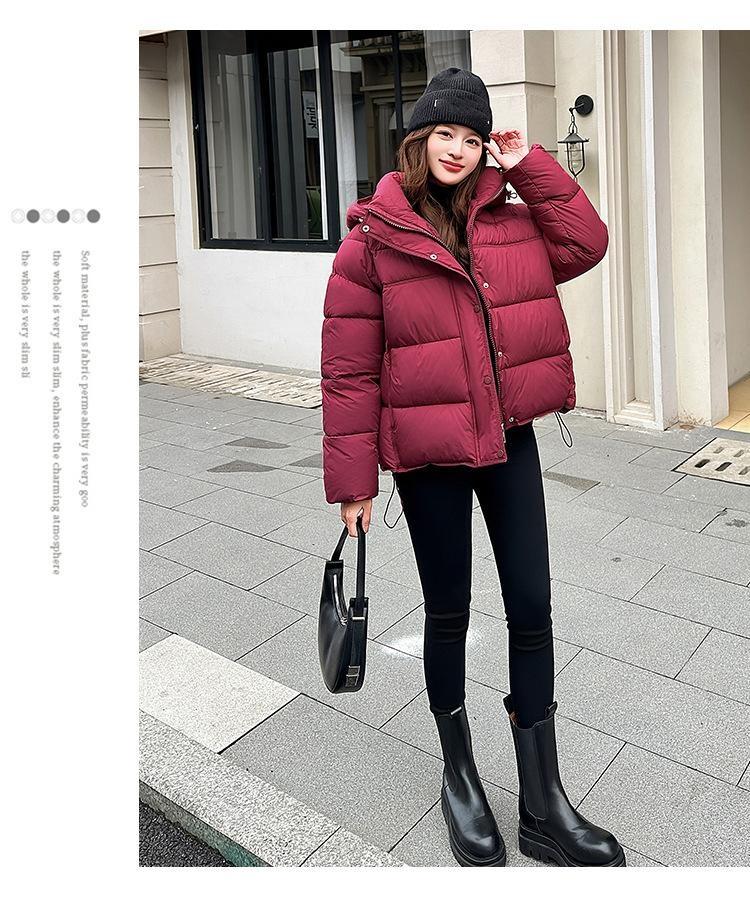 Dame Kort Hette Vindtett Tykk Varm Vinterjakke med Raglanermer