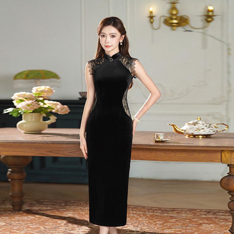 Elastic sexy black velvet national style new Chinese Suzhou autumn cheongsam improved young women's high-end dress