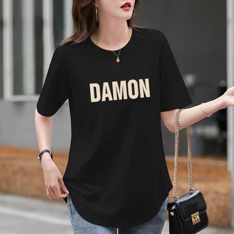 Ny Sommarvit Mellångd Böjd Kortärmad T-shirt för Dam Nisch Tecknad Tryckt Lös Topp