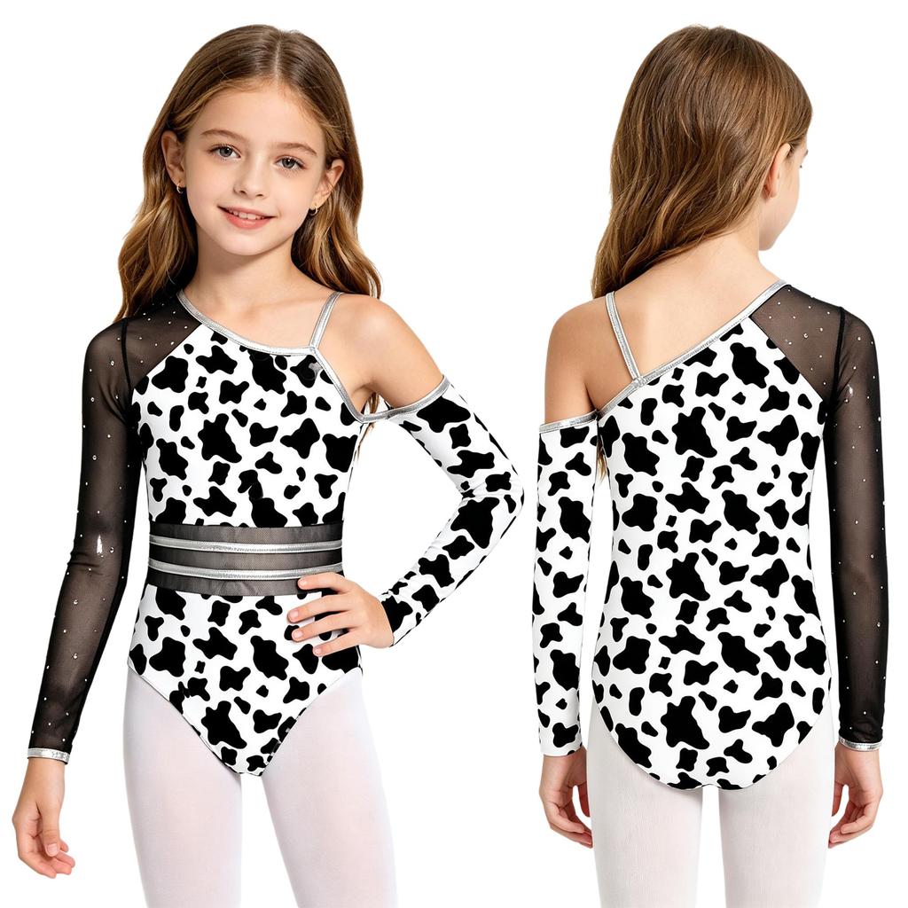 Kids Girls Leopard Printed Gymnastics Ballet Leotards Dance Performance Costume Rhinestones Caveman Jumpsuit with Oversleeve