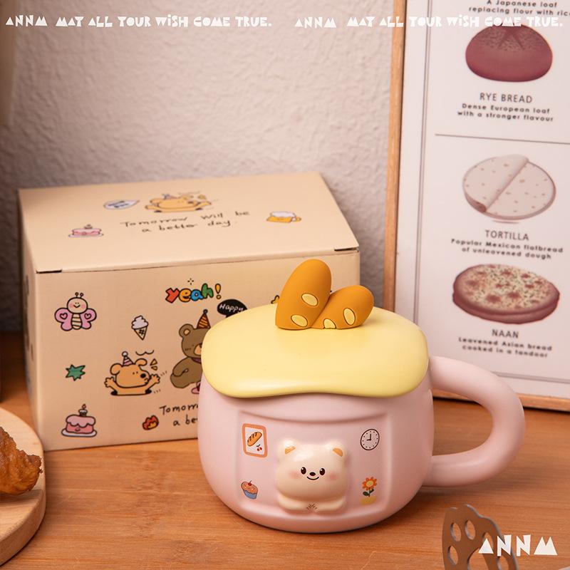 Cheese Bread Bear Water Cup Women's New High Appearance Level Ceramic Mug with Lid Home Drinking Water Gift for Others