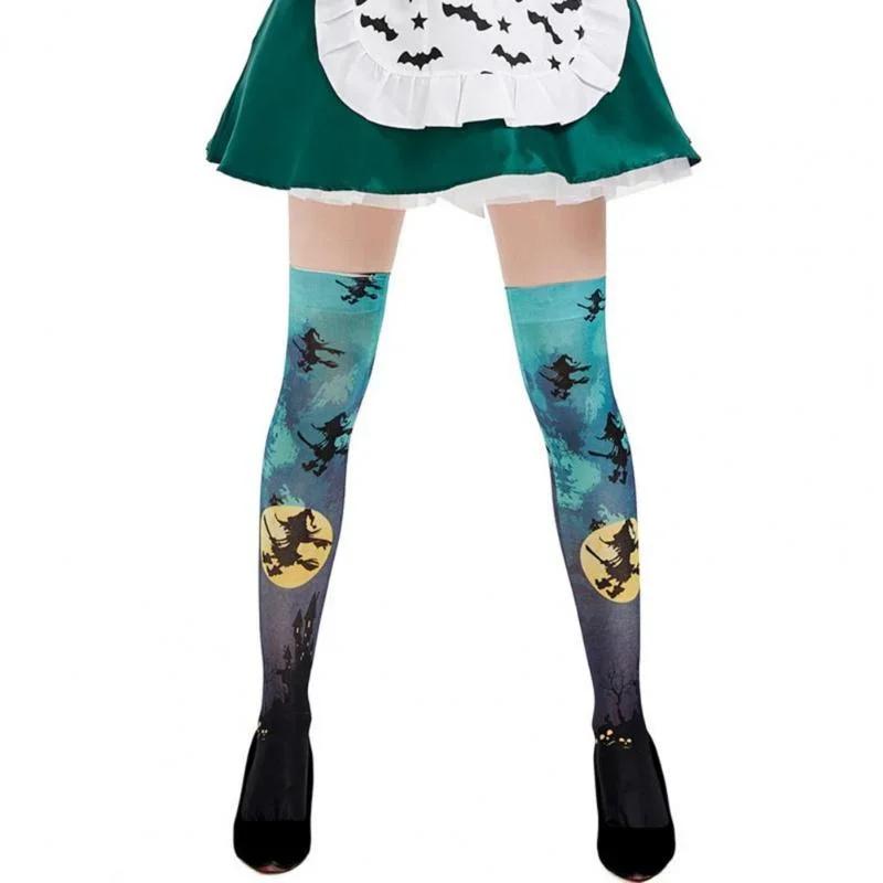 1Pair Women Thigh High Stockings Witch Pattern Over-knee Length Stretchy Long Socks Halloween Costumes Cosplay Accessories Socks