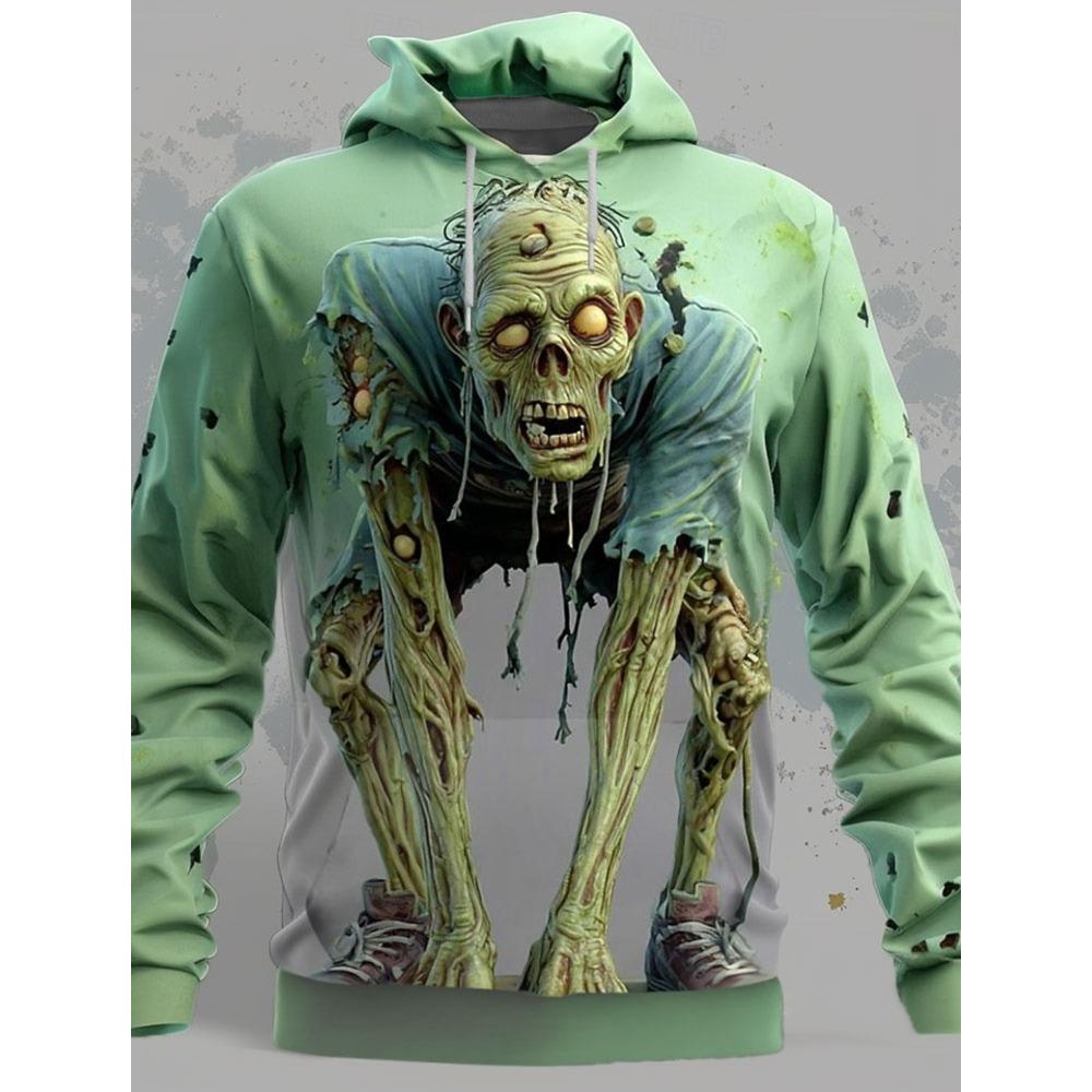 Men's Halloween Zombie 3D Printed Hoodie, Horror Graphic Pullover Sweatshirt, Long Sleeve Casual Clothing Festival Cosplay Tops