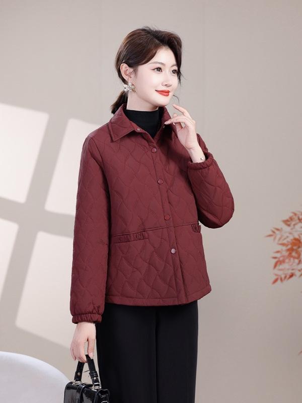 Lightweight Autumn/Winter Cotton Jacket for Middle-Aged & Elderly Women - Solid Color Casual Outerwear with Lapel
