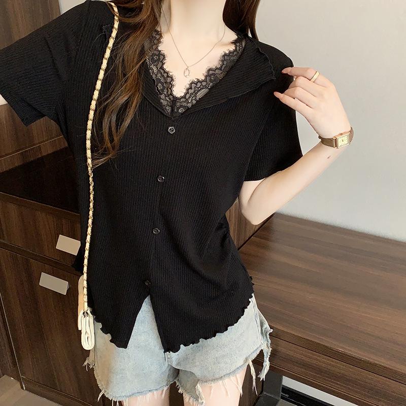 2026 Summer Plus Size Women s Fashion Lace Patchwork V-neck Ruffle Short Sleeve Top 2XL