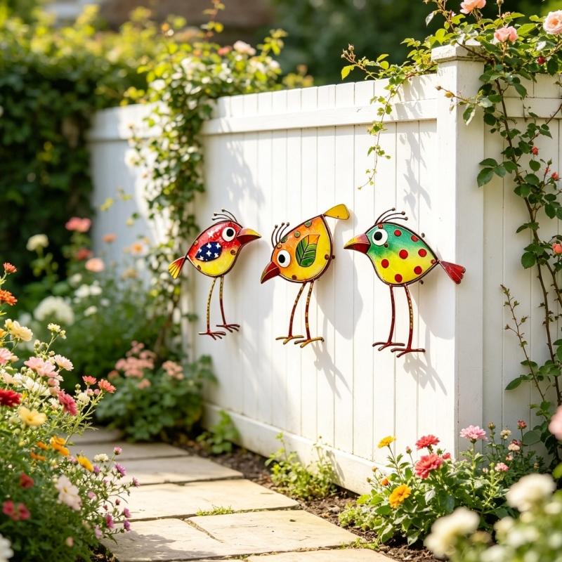 Garden Cartoon Bird Wall Art Decors Set of 3 Colorful Acrylic Hanging Art Piece Plaque for Fence or Wall Decorative Ornaments