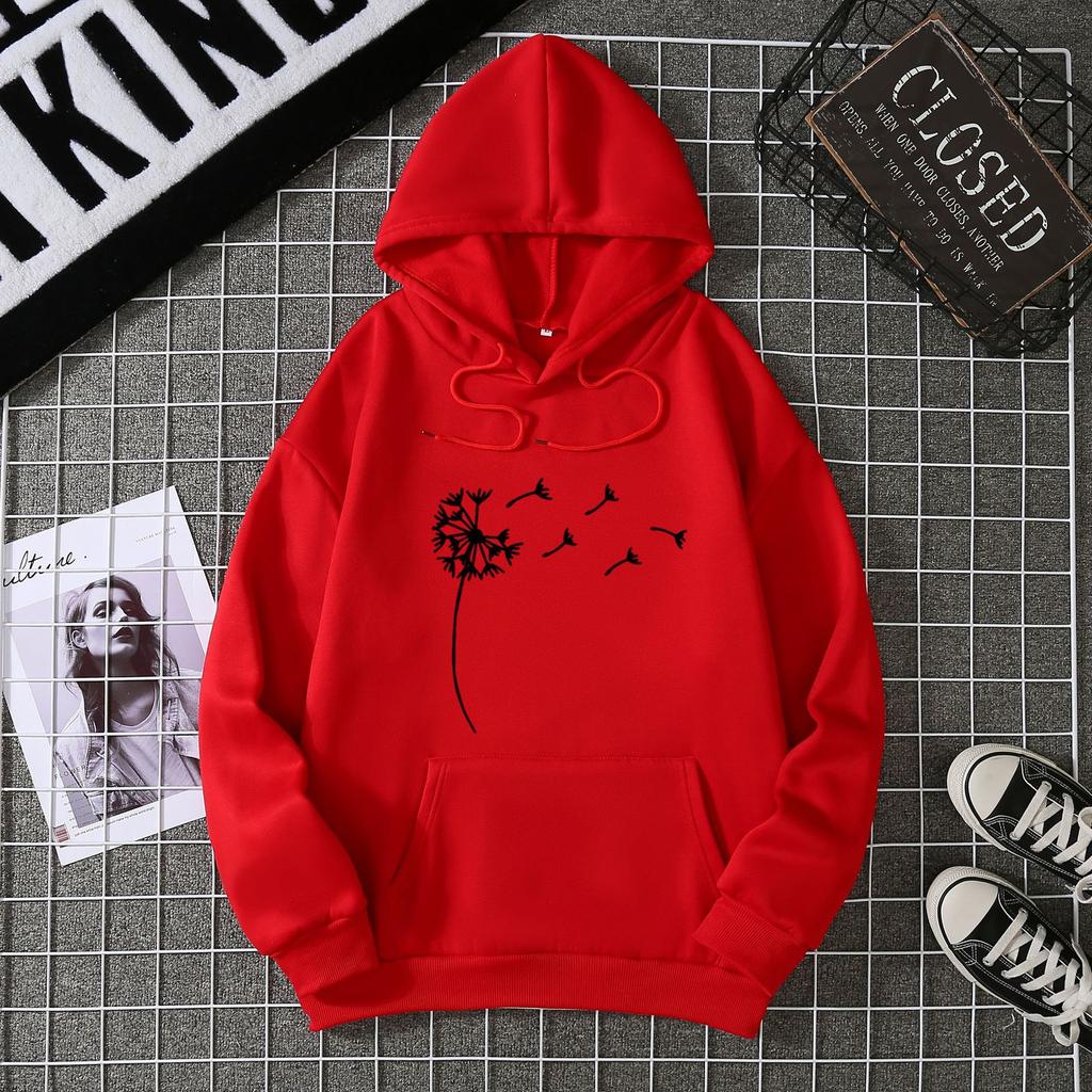 Women's fleece sweater plant print kangaroo pocket drawstring print hoodie