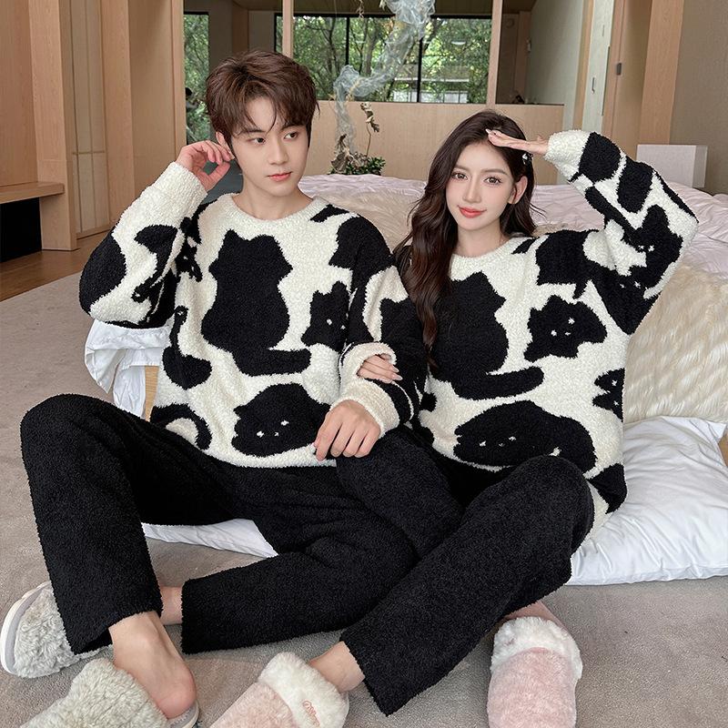 Black and White Kitten Couple Autumn and Winter Warm Pajamas Set Cute Cartoon Long-sleeved Trousers Couple Loungewear Can Be Worn Outside