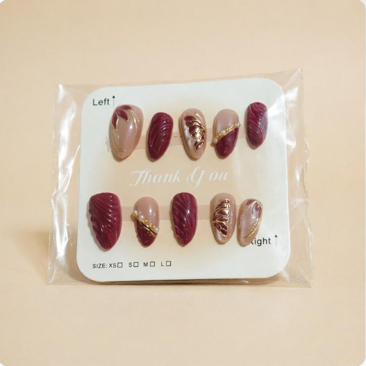 3D French Style Dark Red Almond-Shaped Wearable Nail Tips