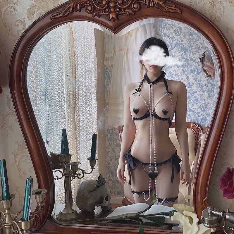 Erotic Lingerie Uniform Temptation Sexy Sm Bondage Strap-on Three-point Traction Pearl Rope Maid Set