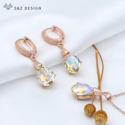 Fashion Rose Gold Color Water Drop Crystal Earrings Jewelry Sets For Women Classic Wedding Party Pendant Necklace