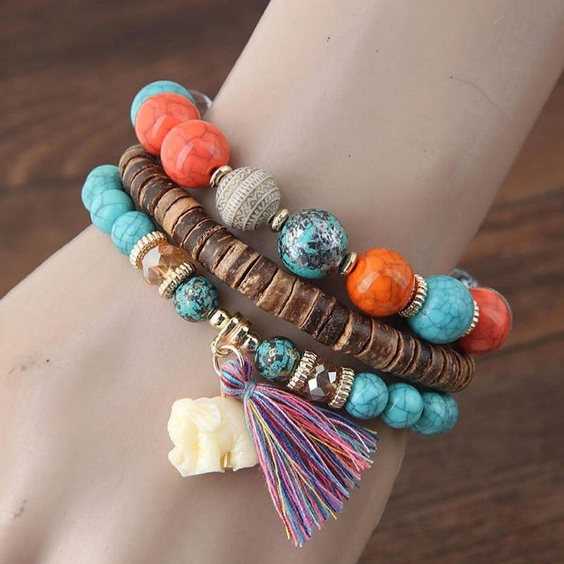 Neue Damenmode Holzperlen Armbänder Boho Kleiner Elefant Charme Armbänder Set Vintage Stil Schmuck