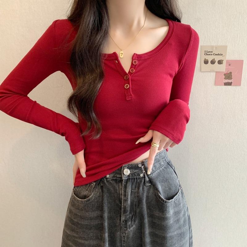 Simple solid color U-neck button slim-fitting long-sleeved T-shirt spring femininity