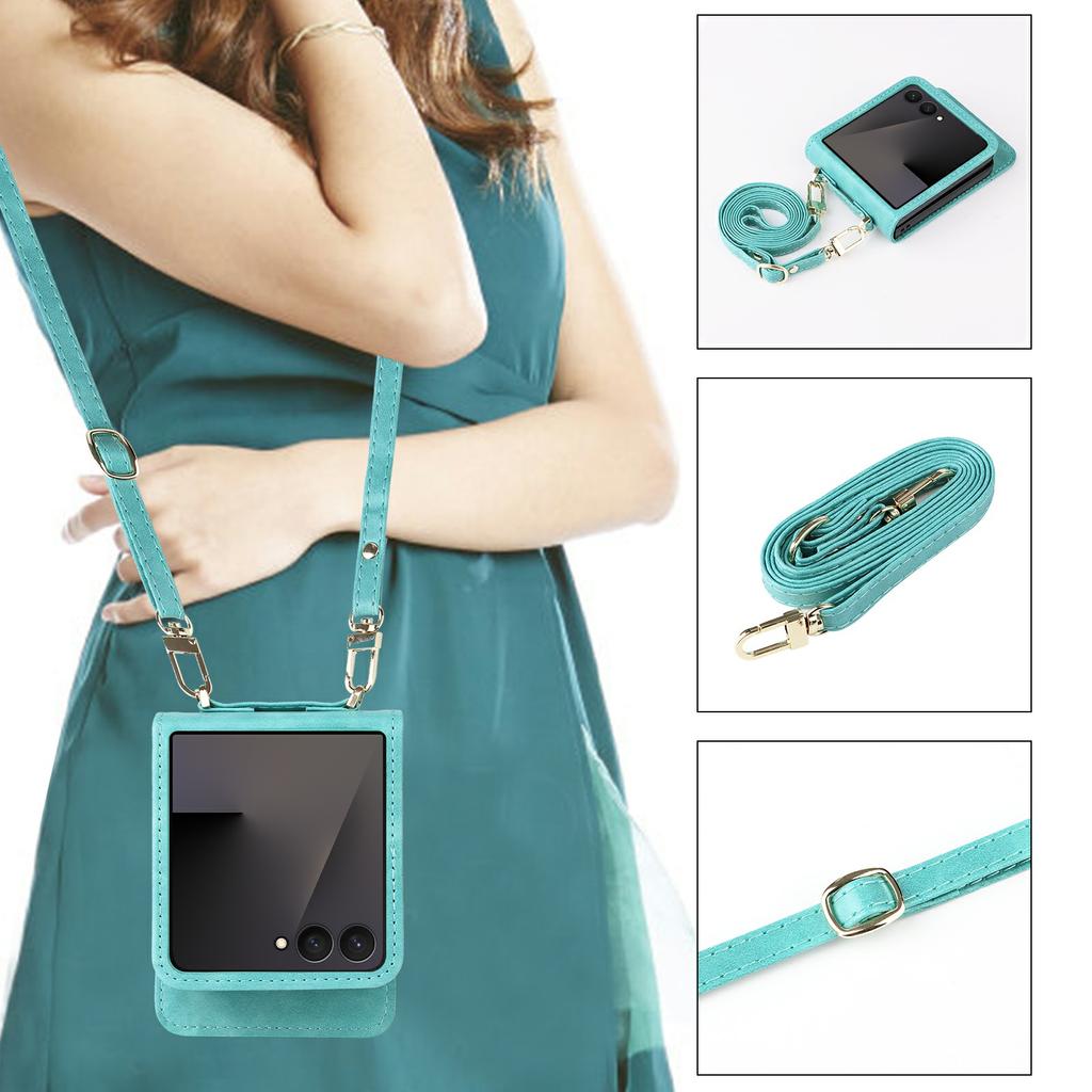 For Samsung Galaxy Z Flip7 5 Case Card Slots Leather Phone Cover with Lanyard