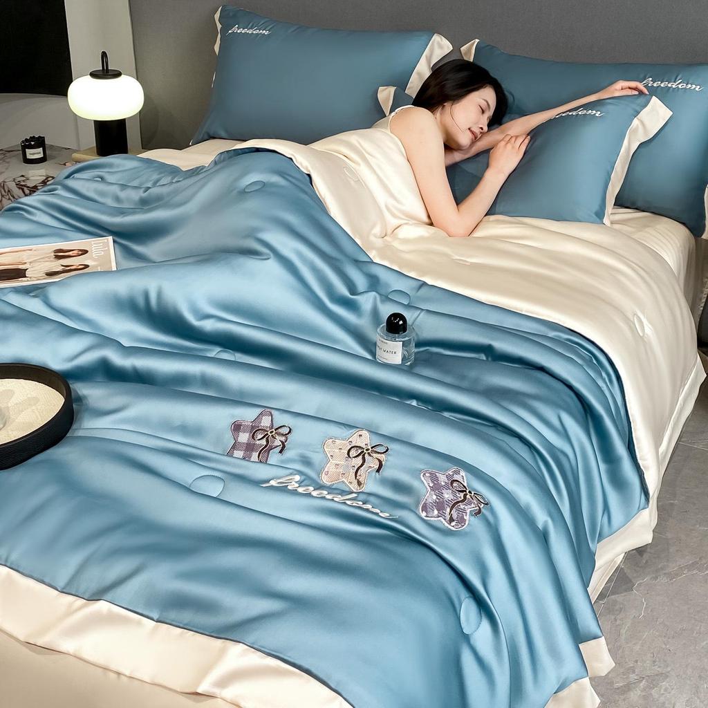 Class A Ice Silk Water Washable Summer Quilt Set - Naked Sleep Embroidery, Thin Blanket, Air Conditioning Quilt, Four-Piece Gift.