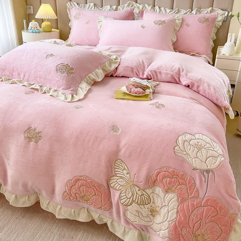 Princess Wind Thickened Milk Coral Fleece Bed Four-Piece Set Fleece Bedding Plush Quilt Cover Bed Sheet Person
