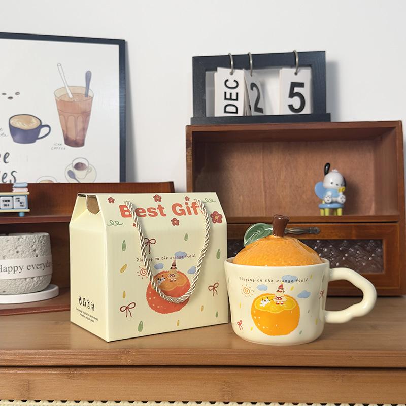 Cute Orange Cat Mug with Lid Creative Good Luck Cup Girls Home Coffee Cup Chinese New Year Gift