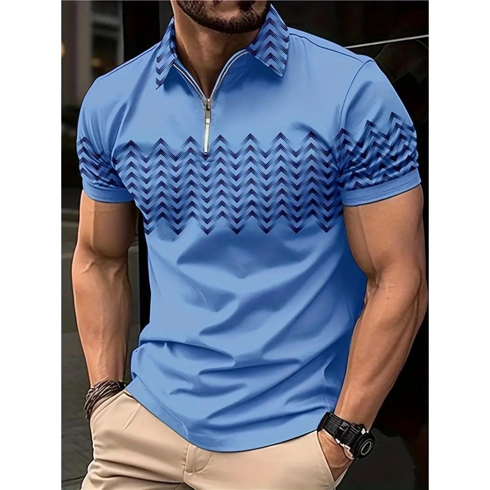 Men's Zipper Polo Shirt, Wave Triangle Shirt, 3D Printed, Retro, Short Sleeve, Loose, Comfortable, Street, Summer, New Style