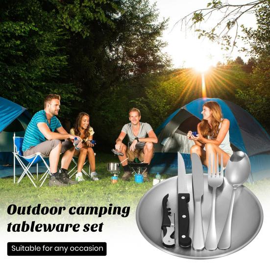 

Набор столовых приборов для кемпинга, устойчивый к коррозии, полированная поверхность, открывалка для бутылок, ложка, вилка, резак, портативный набор посуды
