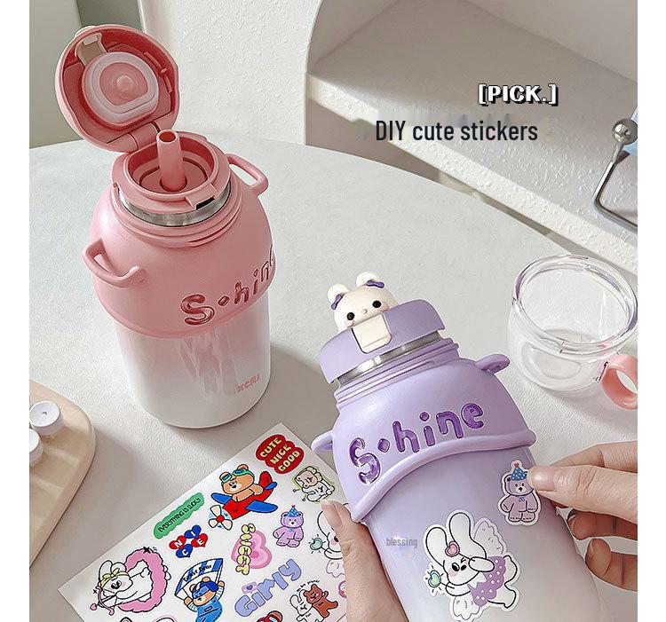 Compact Cartoon Kids' Stainless Steel Straw Thermos - Dual-Drink Design for Tea or Water