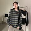 Crew Neck Striped Long Sleeve Shirt Women's Autumn New Design Loose Slimming Casual Student Slit Top