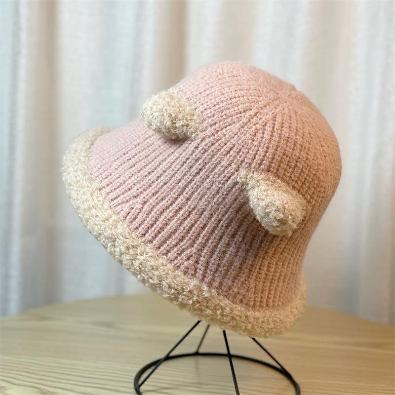 Cute Bear Ears Plush Fisherman Hat for Women New Spring and Autumn Versatile Face Showing Small Knitted Bucket Hat Winter