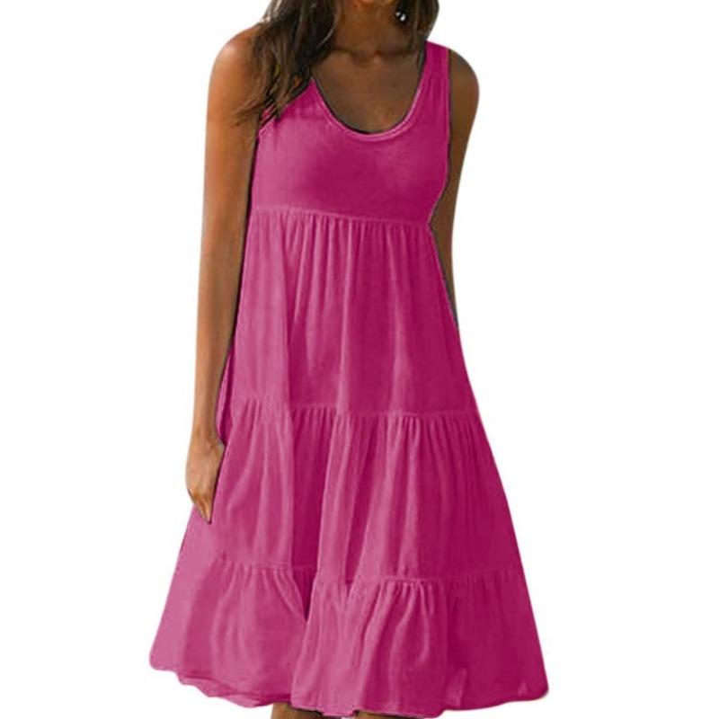 IHUASU Fashion Summer Spring Solid Color Print Sleeveless U-Neck Casual Dresses