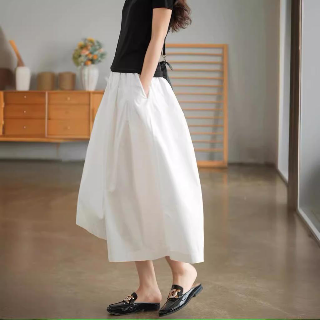 Khaki Ladies's Pants Pure Cotton Casual Loose Elastic Waist Wide Leg Pants Ladies Summer Retro Black Skirt Pants