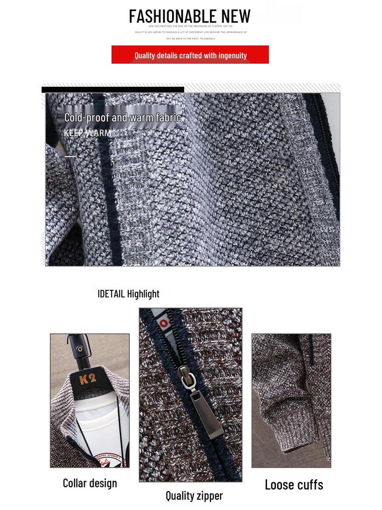 Herren Fleecegefütterte Strickjacke: Herbst/Winter Lässige Strickjacke, Übergröße, Einfarbig, Stehkragen.