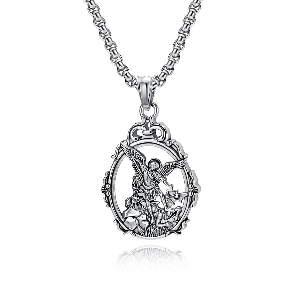 Literary Retro St. Michael s Angel Long Titanium Steel Necklace Niche Personality Archangel St. Michael s Pendant 60CM
