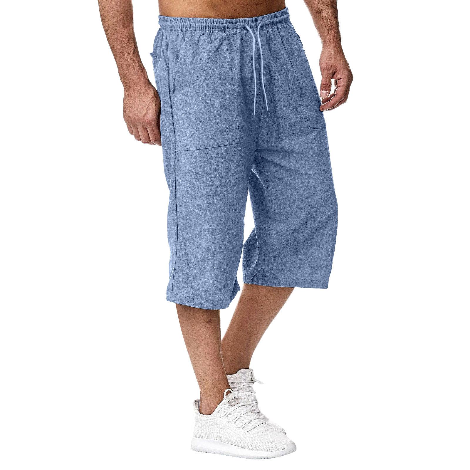 

Summer Men s Casual Shorts Cotton Blended Long Elastic Waist Loose Pocket Drawstring 3/4 Length Shorts Daily Street Wear 3XL синій
