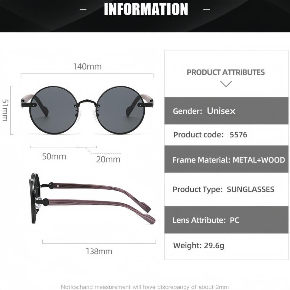 Retro Metal Circular Frame Wood Grain Temple  Unisex Outdoor Driving Sunscreen Sunglasses Optical Prescription Eyeglass Frame