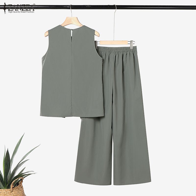 ZANZEA Women Sleeveless Vest Tops and Pants Casual Two Piece Suit Sets