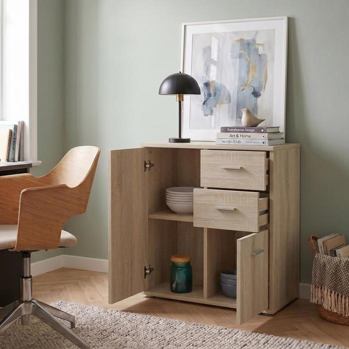 REMY Sideboard, Chest of Drawers Storage Unit with 2 Drawers and 2 Doors, In Melamine with Sonoma Oak Decor