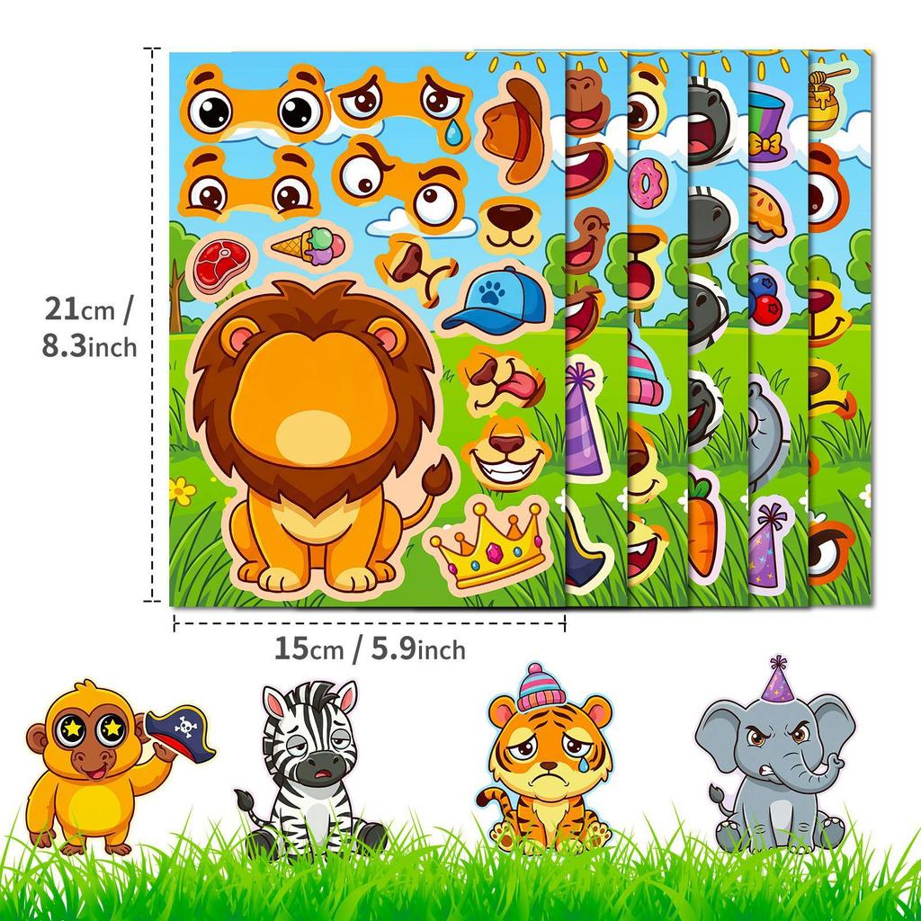 6 Sheets/Pack Cute Animal Face Stickers Diy Cartoon Animal Stickers Children'S Early Education Handmade Puzzle Stickers