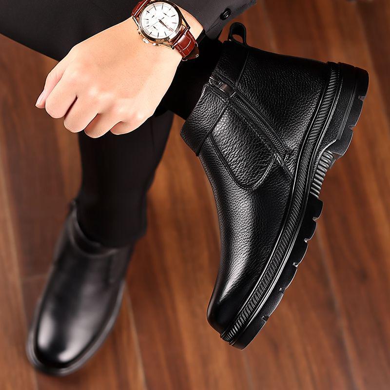 Pánské kožené boty s vysokým svrškem a vlněnou podšívkou - Zimní protiskluzové, hřejivé, zesílené pro seniory.