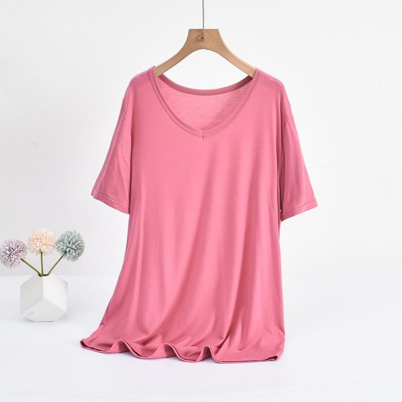 Modal V-Neck Tshirt Summer Women's Thin T-shirts Half Sleeves Solid Color Plus Size Loose Casual Tee Tops