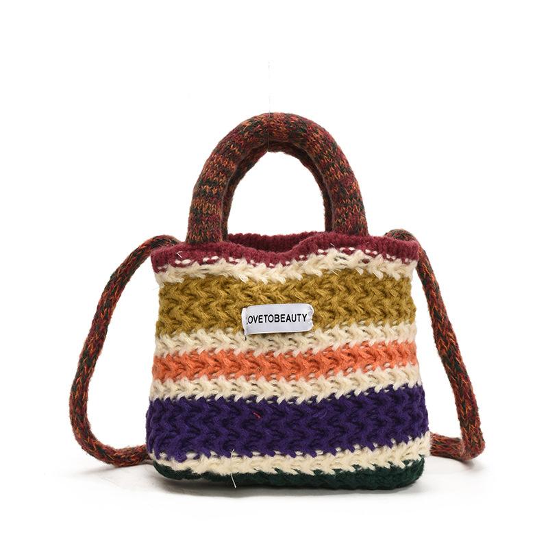 Korean Simple Hand-carried Small Square Bag Women's New Rainbow Wool Knitted Shoulder Bag Trendy and Contrasting Color Messenger Bag