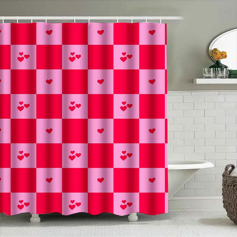 Pink Red Love Heart Checkered Shower Curtain Home Bathroom Decor Waterproof Plastic Rod Pocket 72 x 84 inches (183cm*213cm) Free