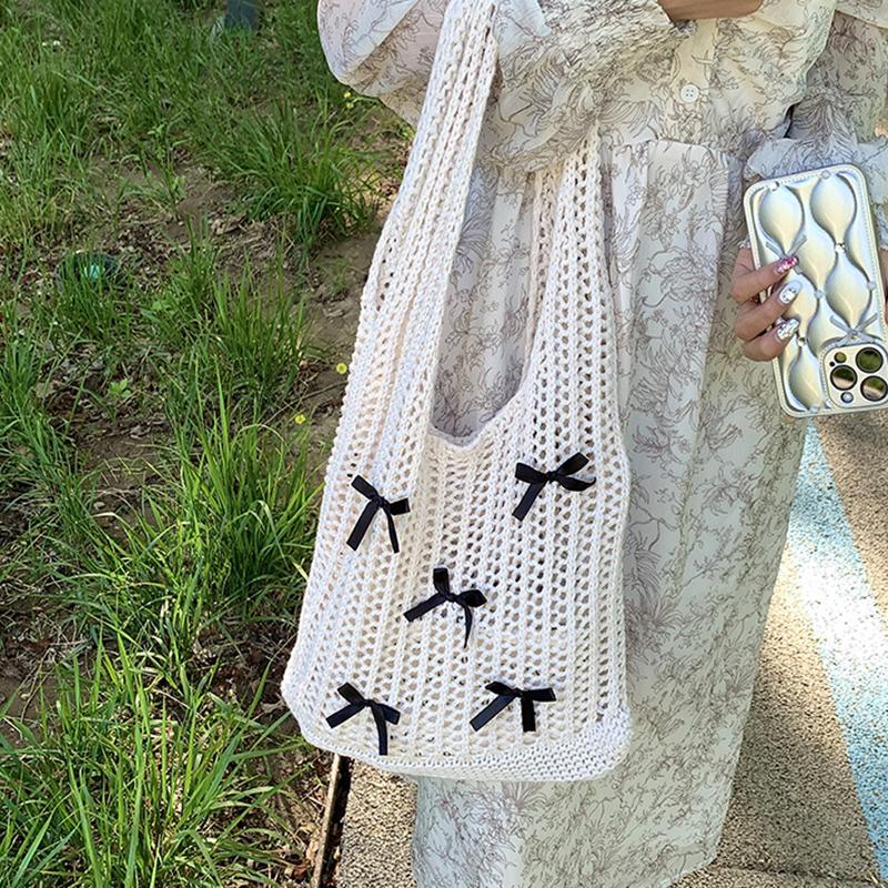 Yogodlns Bow Design Knitting Shopper Shopping Bag Female Shoulder Bags For Women Korean Fashion Soft Handbags Trend Travel Tote Bag
